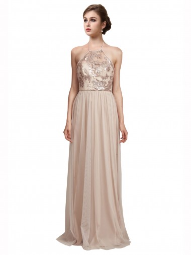 Sleeveless Nude Halter Neck Tulle A-Line Bridesmaid Dress Brisbane