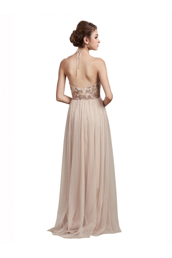 Sleeveless Nude Halter Neck Tulle A-Line Bridesmaid Dress Brisbane
