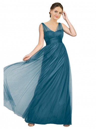Sleeveless Teal Green V-Neck V-Back Tulle A-Line Bridesmaid Dress Brisbane