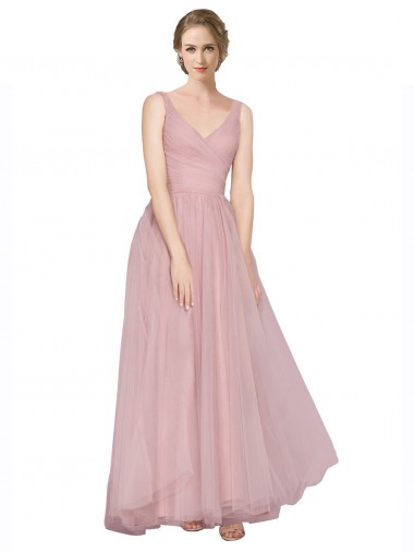 Sleeveless Pink V-Neck V-Back Tulle A-Line Bridesmaid Dress Brisbane