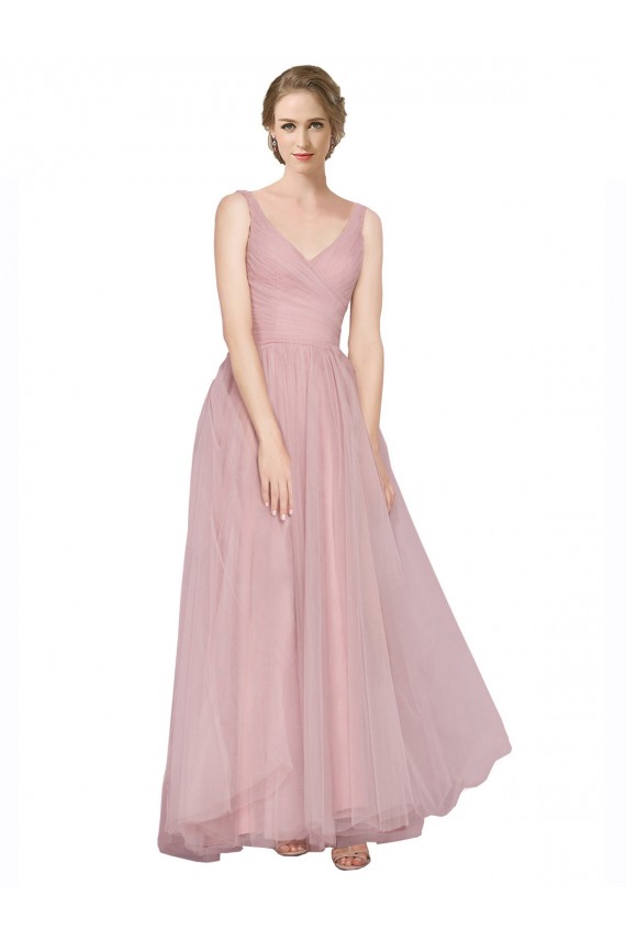 Sleeveless Pink V-Neck V-Back Tulle A-Line Bridesmaid Dress Brisbane