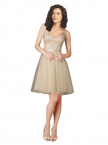 Sleeveless Champagne V-Neck V-Back Tulle & Lace A-Line Bridesmaid Dress Brisbane