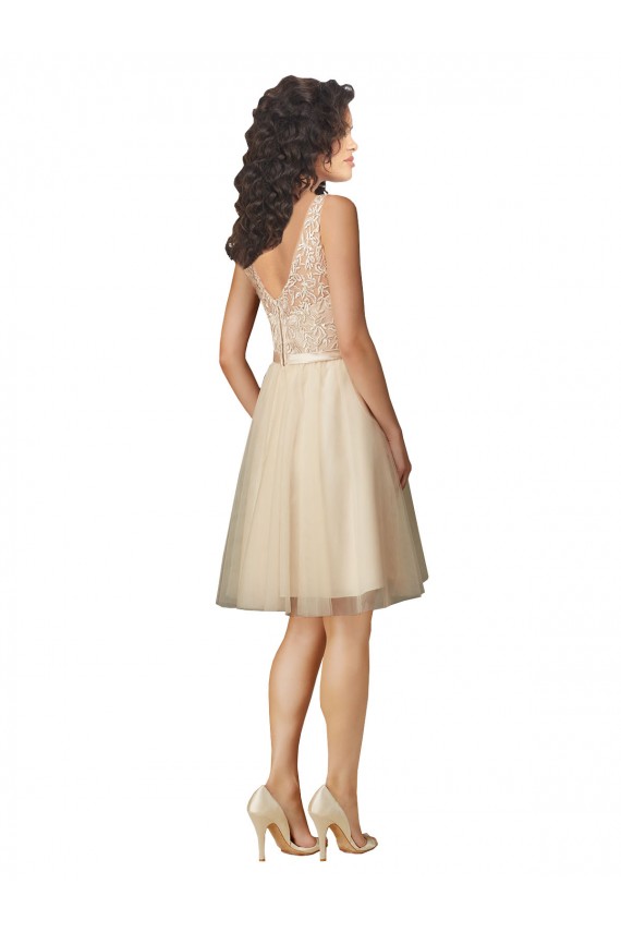 Sleeveless Champagne V-Neck V-Back Tulle & Lace A-Line Bridesmaid Dress Brisbane