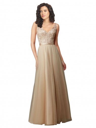 Sleeveless Champagne V-Neck V-Back Tulle & Lace A-Line Bridesmaid Dresses Brisbane