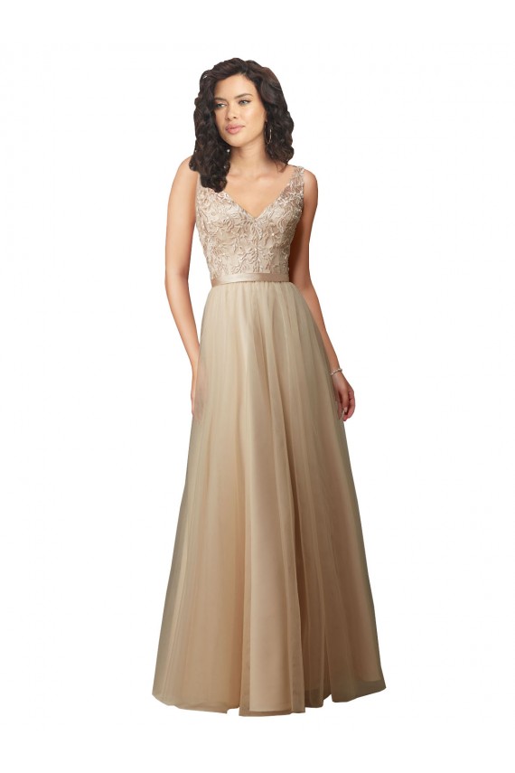 Sleeveless Champagne V-Neck V-Back Tulle & Lace A-Line Bridesmaid Dresses Brisbane