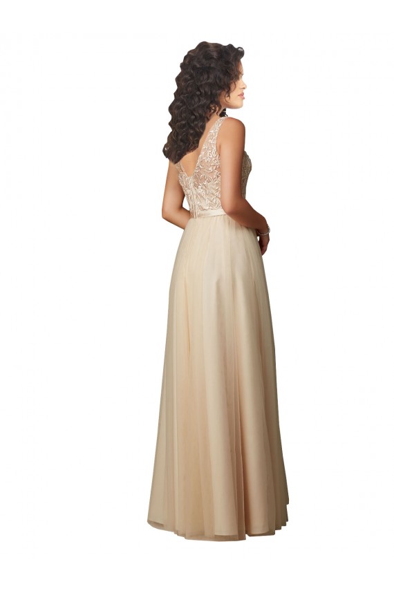 Sleeveless Champagne V-Neck V-Back Tulle & Lace A-Line Bridesmaid Dresses Brisbane
