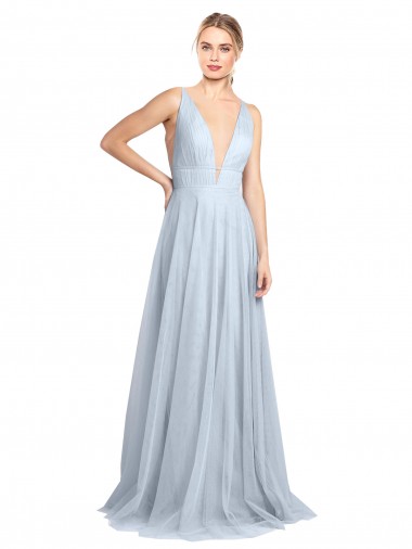 Sleeveless Light Sky Blue Spaghetti Straps V-Back Tulle A-Line Bridesmaid Dress Brisbane