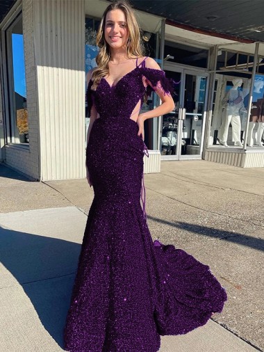Sleeveless Plum Purple Spaghetti Straps Velvet Sequin Sheath Prom Dress / Evening Dress Brisbane