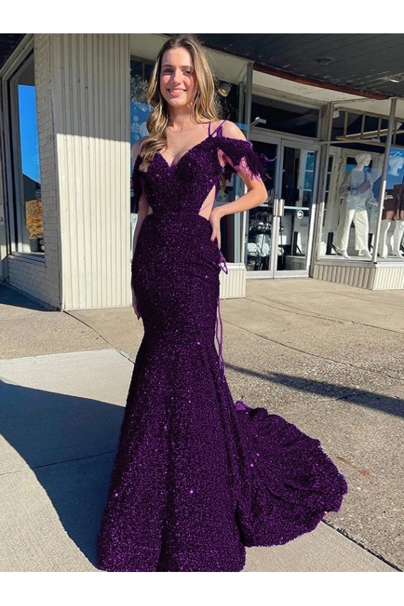 Sleeveless Plum Purple Spaghetti Straps Velvet Sequin Sheath Prom Dress / Evening Dress Brisbane
