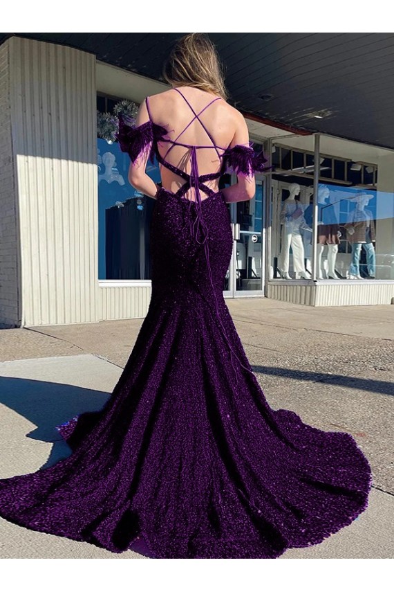 Sleeveless Plum Purple Spaghetti Straps Velvet Sequin Sheath Prom Dress / Evening Dress Brisbane