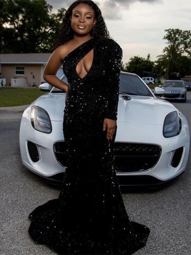 Long Sleeves One Shoulder Velvet Sequin Sheath Prom Dress Brisbane