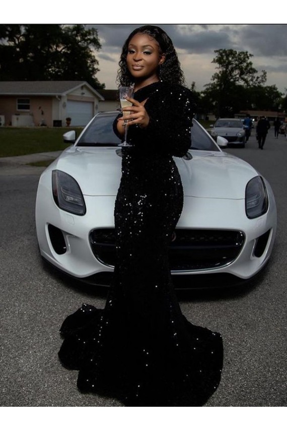 Long Sleeves One Shoulder Velvet Sequin Sheath Prom Dress Brisbane