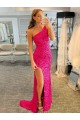 Sleeveless Fuchsia One Shoulder Velvet Sequin Sheath Evening Dress Brisbane