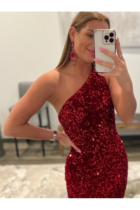 Sleeveless Pink One Shoulder Velvet Sequin Sheath Prom Dress Brisbane