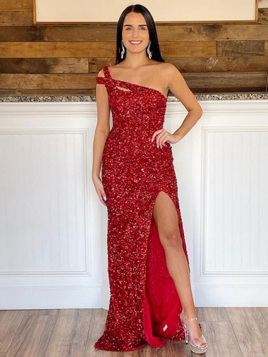 Sleeveless Burgundy One Shoulder Velvet Sequin Sheath Evening Dresses Brisbane