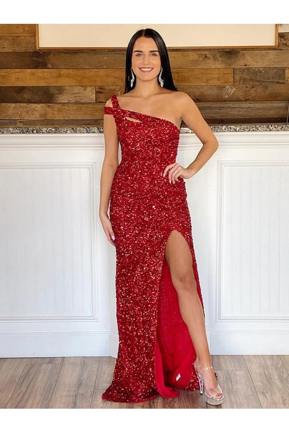 Sleeveless Burgundy One Shoulder Velvet Sequin Sheath Evening Dresses Brisbane