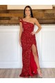 Sleeveless Burgundy One Shoulder Velvet Sequin Sheath Evening Dresses Brisbane