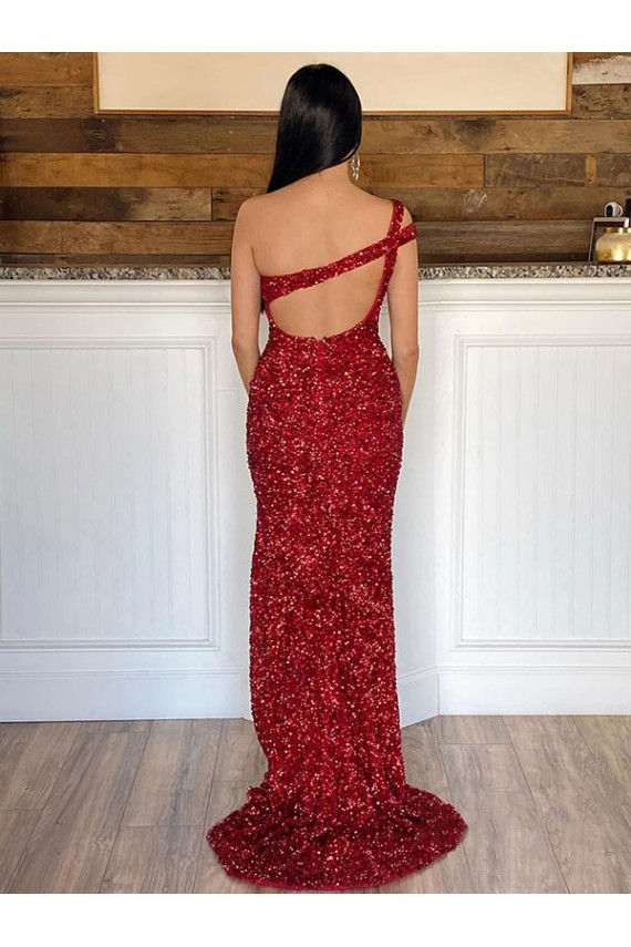 Sleeveless Burgundy One Shoulder Velvet Sequin Sheath Evening Dresses Brisbane