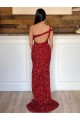 Sleeveless Burgundy One Shoulder Velvet Sequin Sheath Evening Dresses Brisbane