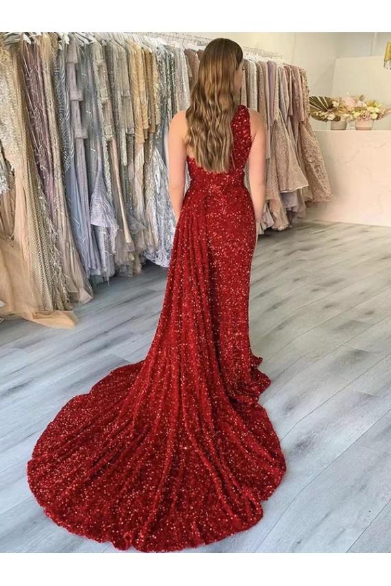 Sleeveless Burgundy One Shoulder Velvet Sequin Sheath Prom Dress Brisbane