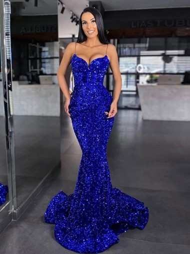 Sleeveless Spaghetti Straps Velvet Sequin Mermaid Evening Gown / Prom Dress Brisbane
