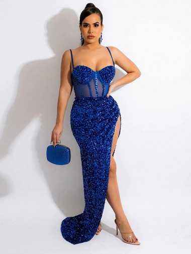 Sleeveless Royal Blue Spaghetti Straps Velvet Sequin Sheath Evening Dress Brisbane