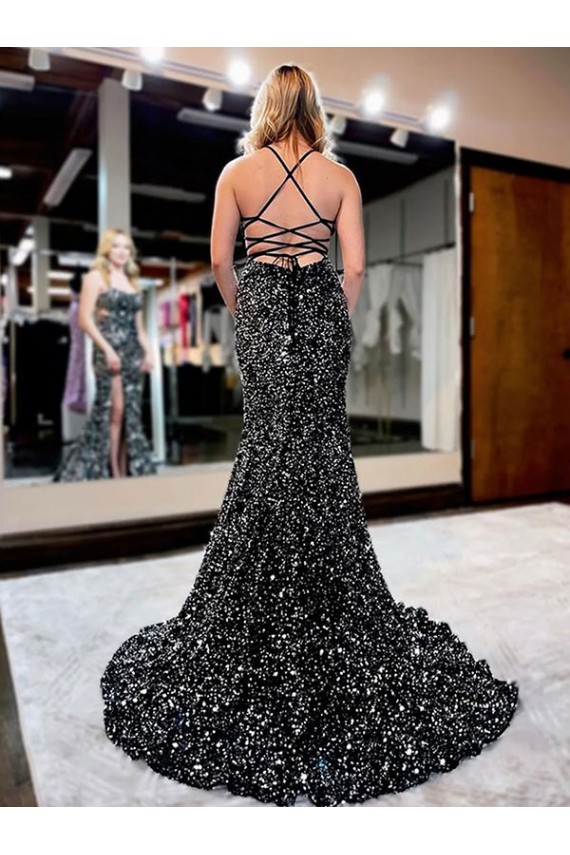 Sleeveless Spaghetti Straps Velvet Sequin Sheath Long Prom Dress Brisbane