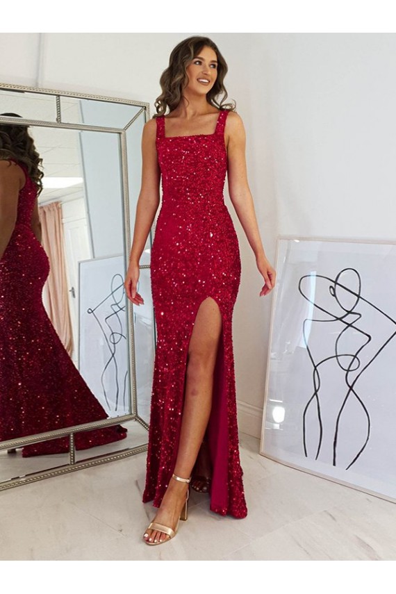 Sleeveless Square Neck Velvet Sequin Sheath Prom Dress Brisbane