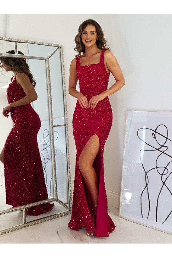 Sleeveless Square Neck Velvet Sequin Sheath Prom Dress Brisbane