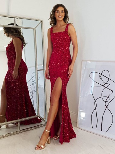 Sleeveless Square Neck Velvet Sequin Sheath Prom Dress Brisbane