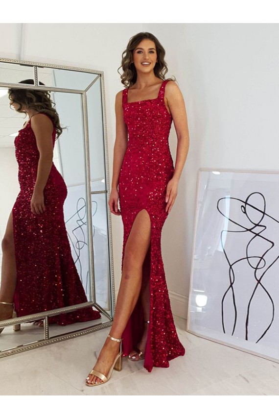 Sleeveless Square Neck Velvet Sequin Sheath Prom Dress Brisbane