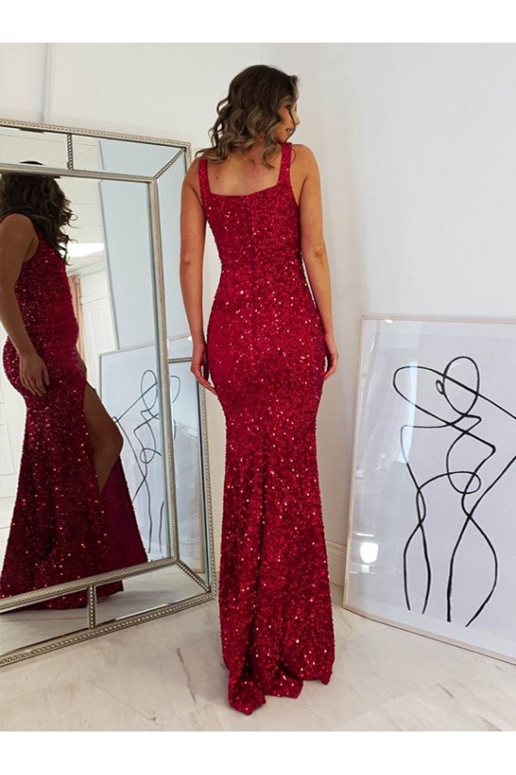 Sleeveless Square Neck Velvet Sequin Sheath Prom Dress Brisbane