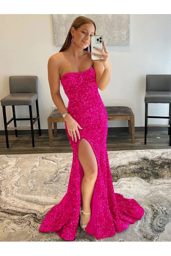 Sleeveless Fuchsia Strapless Velvet Sequin Sheath Prom Dress Brisbane