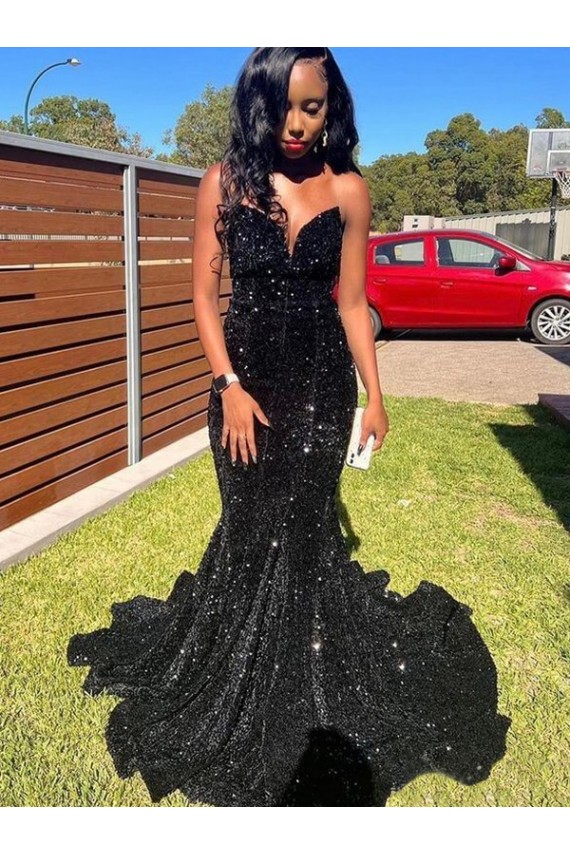 Sleeveless Black Sweetheart Velvet Sequin Mermaid Prom Dress Brisbane