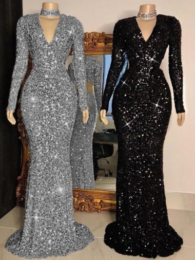 Long Sleeves V-Neck Velvet Sequin Sheath Prom Dress Brisbane