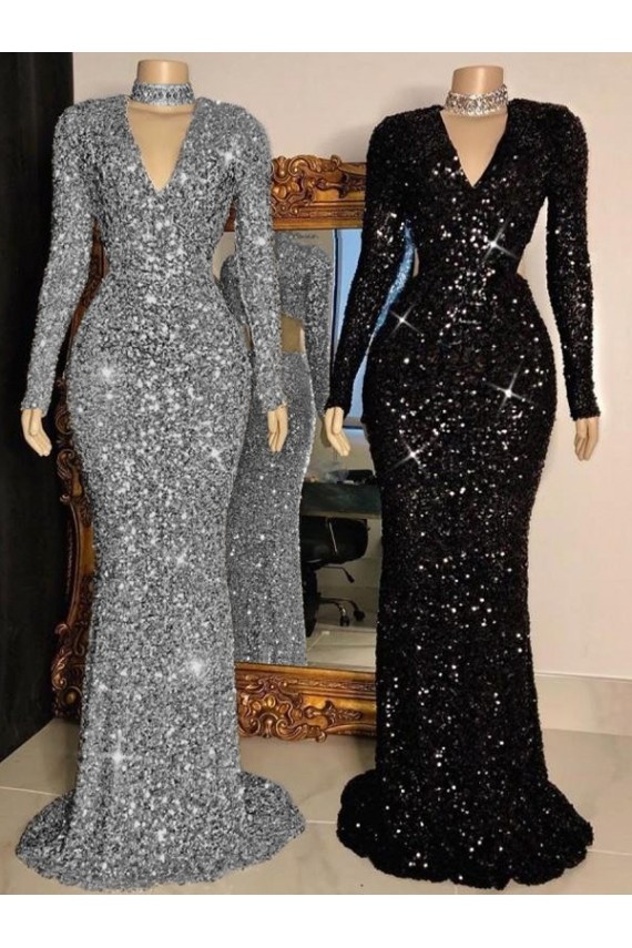 Long Sleeves V-Neck Velvet Sequin Sheath Prom Dress Brisbane