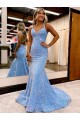 Sleeveless Periwinkle V-Neck Velvet Sequin Sheath Evening Gown Brisbane