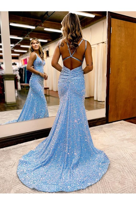 Sleeveless Periwinkle V-Neck Velvet Sequin Sheath Evening Gown Brisbane