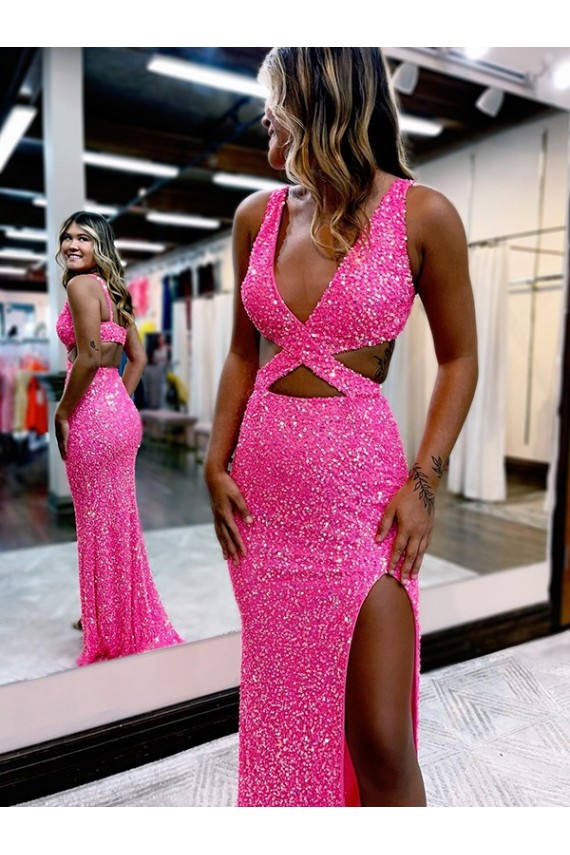 Sleeveless V-Neck Velvet Sequin Sheath Long Evening Dress Brisbane