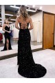 Sleeveless Royal Blue V-Neck Velvet Sequin Sheath Evening Dress Brisbane