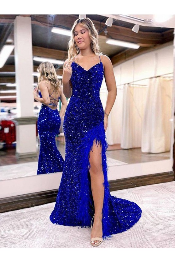 Sleeveless Royal Blue V-Neck Velvet Sequin Sheath Evening Dress Brisbane