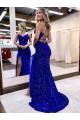 Sleeveless Royal Blue V-Neck Velvet Sequin Sheath Evening Dress Brisbane