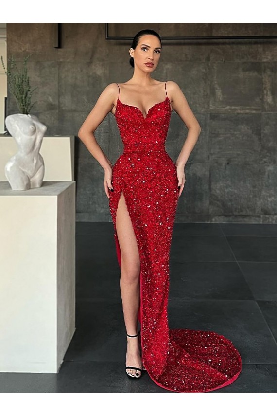 Sleeveless Red V-Neck Velvet Sequin Sheath Evening Gown / Prom Dress Brisbane