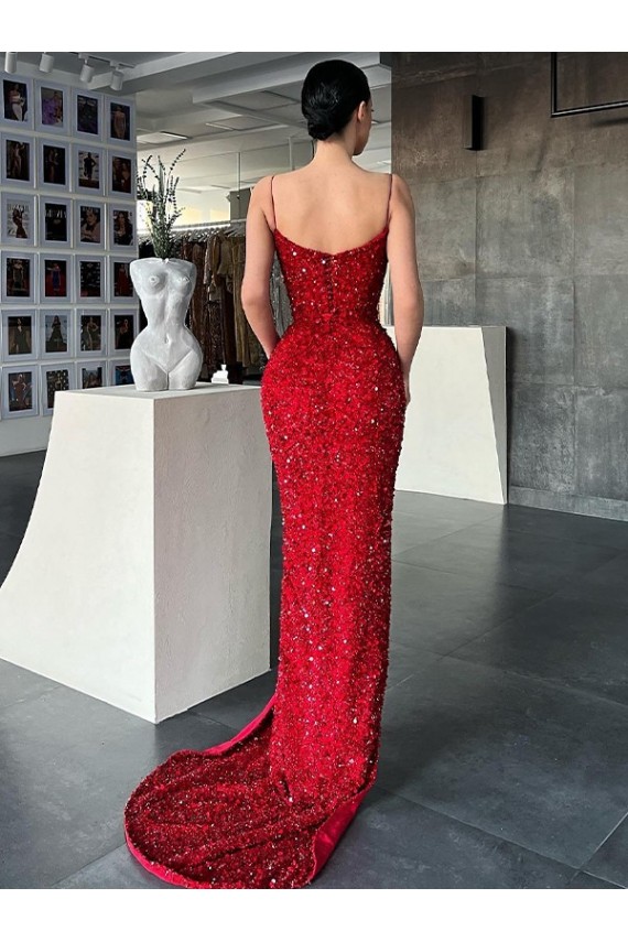 Sleeveless Red V-Neck Velvet Sequin Sheath Evening Gown / Prom Dress Brisbane