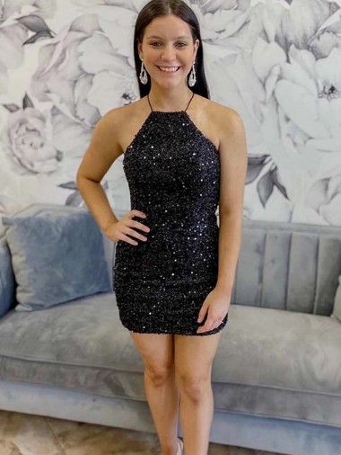 Sleeveless Halter Neck Velvet Sequin Sheath Prom Dress Brisbane