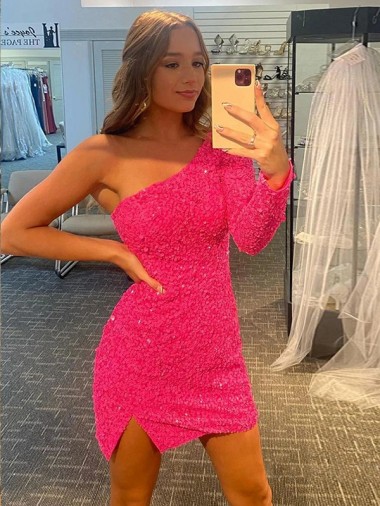 Long Sleeves One Shoulder Velvet Sequin Sheath Short Prom Dress / Evening Dress Brisbane