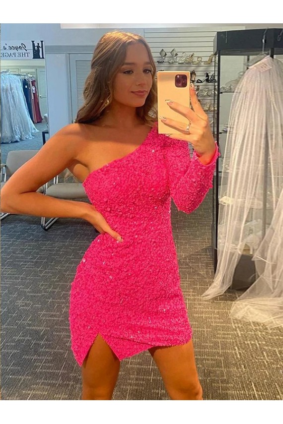 Long Sleeves One Shoulder Velvet Sequin Sheath Short Prom Dress / Evening Dress Brisbane