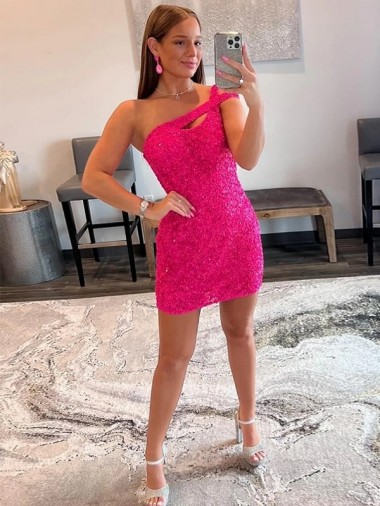Sleeveless Fuchsia One Shoulder Velvet Sequin Sheath Prom Dresses Brisbane