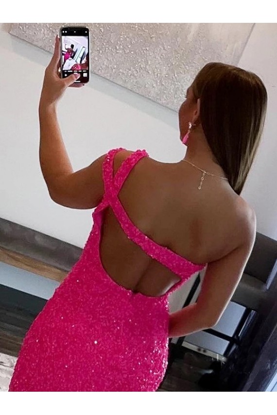 Sleeveless Fuchsia One Shoulder Velvet Sequin Sheath Prom Dresses Brisbane