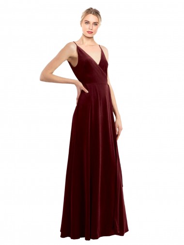 Sleeveless Burgundy V-Neck V-Back Stretch Velvet A-Line Bridesmaid Dress / Evening Dress Brisbane